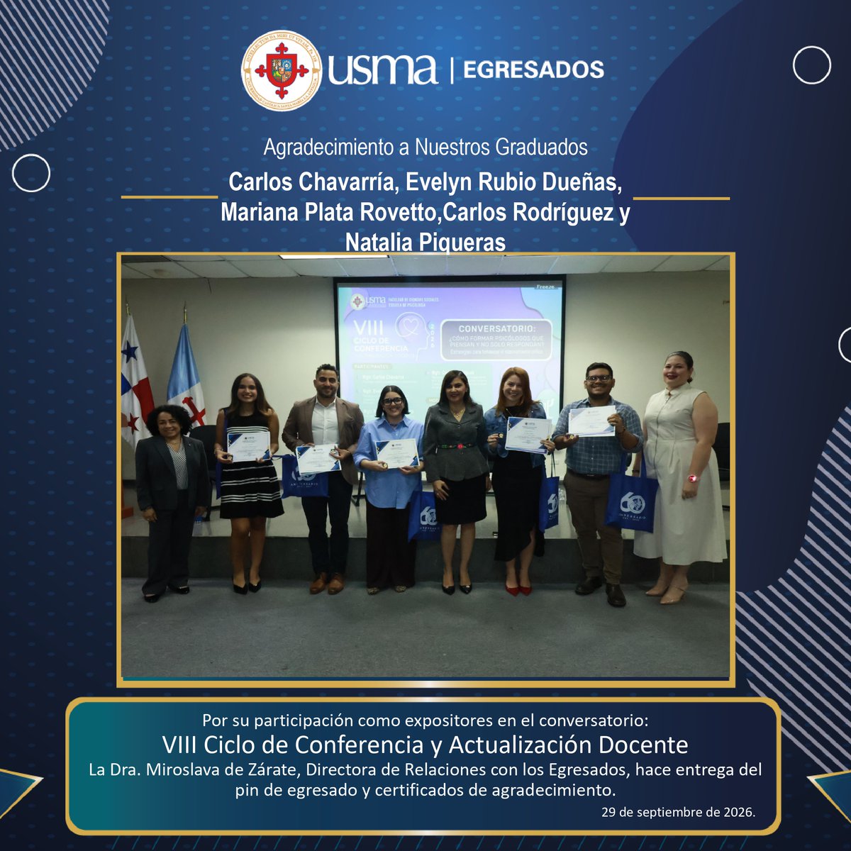 USMA_Egresados's tweet photo. Agradecemos a nuestros graduados que participaron como expositores en el VIII Ciclo de Conferencias y Actualización Docente.
#usmaegresados https://t.co/xinNKpzp2O