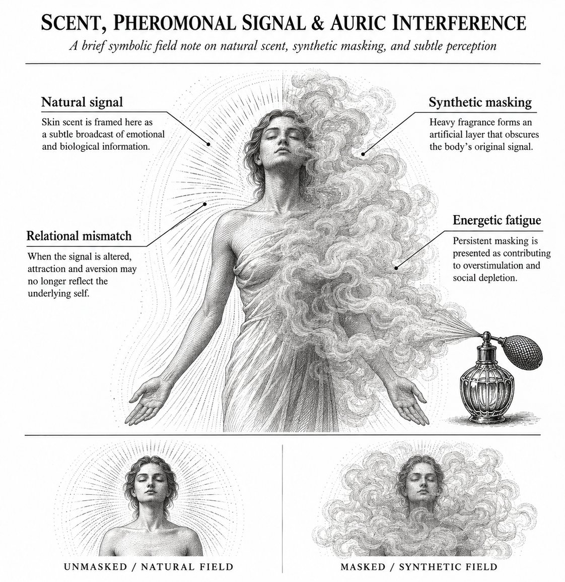niyetsel's tweet photo. ı used to wear heavy fragrances every single day to feel presentable.

Then I realized I was actively jamming my own biological radar..

your natural skin scent is not a mistake you need to chemically erase.
It is a strictly precise pheromonal language.
It continuously broadcasts your genetic makeup, your emotional state, and your baseline frequency to the entire room.
And your nervous system deeply relies on this silent exchange to filter out chaotic individuals before they even speak to you.

But we drown our skin in synthetic compounds.
We assume we are just adding a pleasant layer of cedarwood or amber.

You are actually throwing a heavy static blanket over your most vital energetic boundary.

When you mask your true frequency with artificial chemicals, you completely blind your subtle body.
You stop broadcasting who you actually are.
This creates a massive mechanical error in your daily interactions.

You start naturally repelling the exact people who are aligned with your core vibration.
And you effortlessly attract individuals who are drawn to a completely fake signature.
You force your energy field to constantly endure people it was biologically designed to avoid.

This is the hidden root of so many exhausting friendships and unfulfilling relationships.
You are physically hiding from your own tribe.

stop suffocating your auric signature under synthetic armor.
Wash it off..
let your raw frequency breathe.