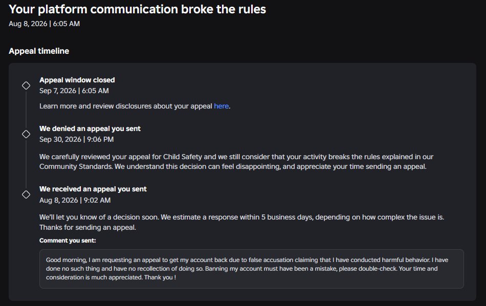 luvrlayy's tweet photo. so i finally got a response after 53 days but at what cost? how did it even go from harmful behavior to child safety when my age range is 18+ and i don't talk to ppl other than friends of my age ?? @Roblox 

#roblox #robloxban #robloxsupport https://t.co/EBr7t68p66