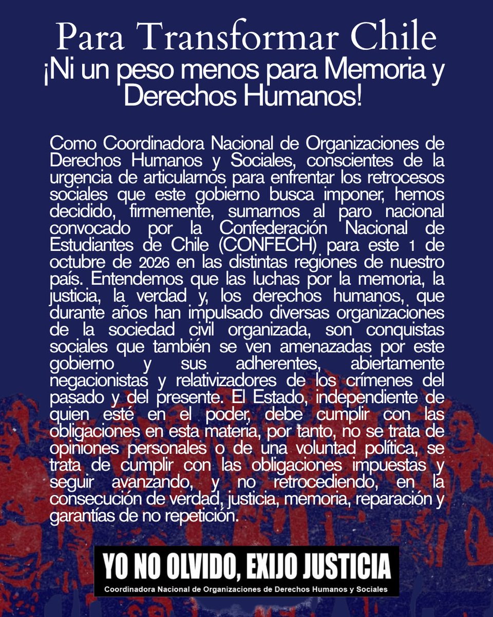 CoordinadoraDH's tweet photo. Declaración: ¡¡Ni un peso menos para Memoria y Derechos Humanos!! @AFEPSantiago @Londres_38 @RSMemoria_cl @3y4alamos @AliciaLiraM @MemoriaBorgono @PiensaPrensa https://t.co/NIGuYE69Dm