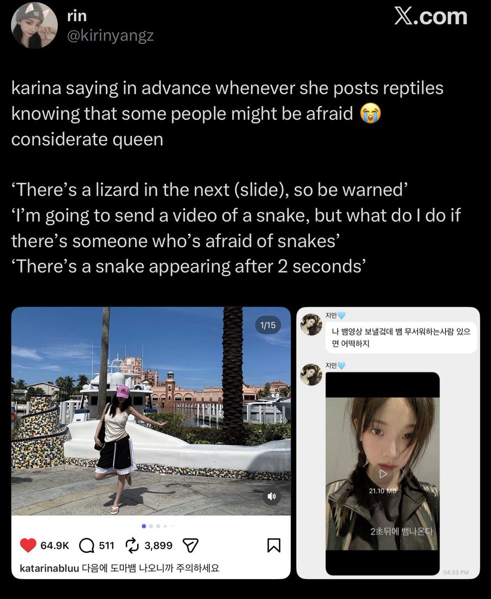 rinactrl's tweet photo. Karina is the perfect friend to travel with. She’s not scared of anything, eat foods from different cultures, and really tries to explore new places (Lets ignore her fear of birds) 😭😭 https://t.co/BhktlfmQZO