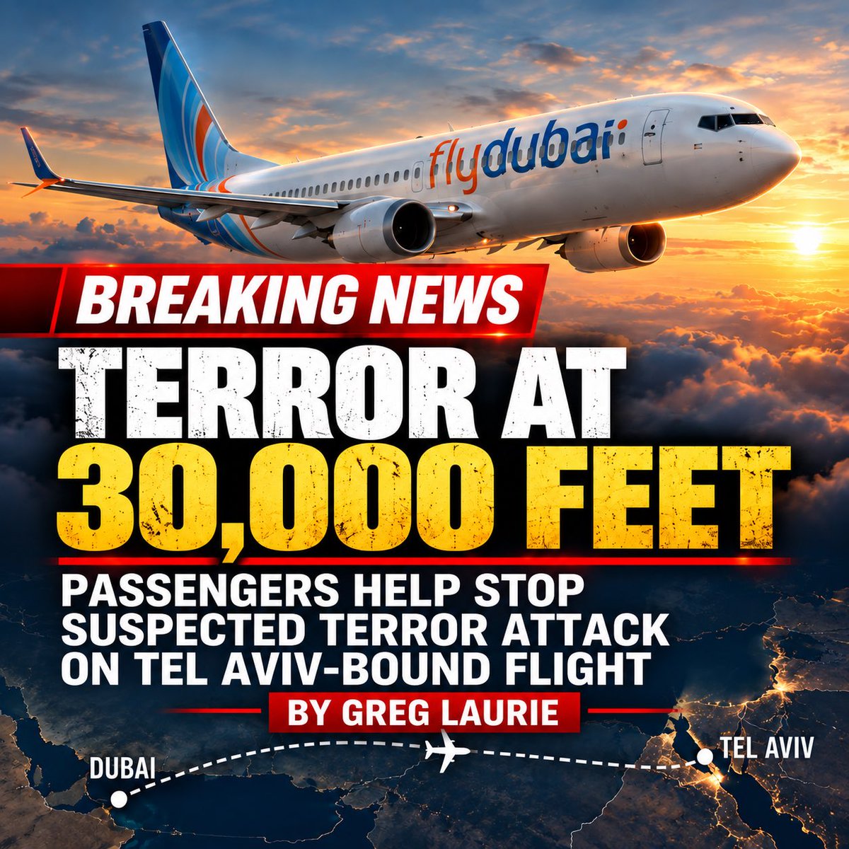 greglaurie's tweet photo. This is a terrifying story.

A flydubai flight traveling from Dubai to Tel Aviv was forced to make an emergency landing after what appears to have been a terrorist attack in the cockpit. According to reports, the co-pilot allegedly attacked and stabbed the captain and attempted to take control of the aircraft.

At one point, the aircraft plunged thousands of feet in a matter of seconds. Passengers and crew reportedly helped subdue the attacker, while other pilots who happened to be aboard helped take control of the aircraft. The plane ultimately landed safely in Tabuk, Saudi Arabia, according to Reuters.
Thank God for this outcome. It could have ended very differently—and tragically.

As we approach the anniversary of October 7, when approximately 1,200 people were murdered in Israel, this is a sobering reminder of the evil that exists in our world.
Let’s pray that any further attempts to harm innocent people will be thwarted and that God will protect us from those who seek to do harm.

Scripture says:
“The Lord will preserve you from all evil;
He will preserve your soul.
The Lord will preserve your going out and your coming in
from this time forth, and even forevermore.”
—Psalm 121:7–8
—Greg Laurie