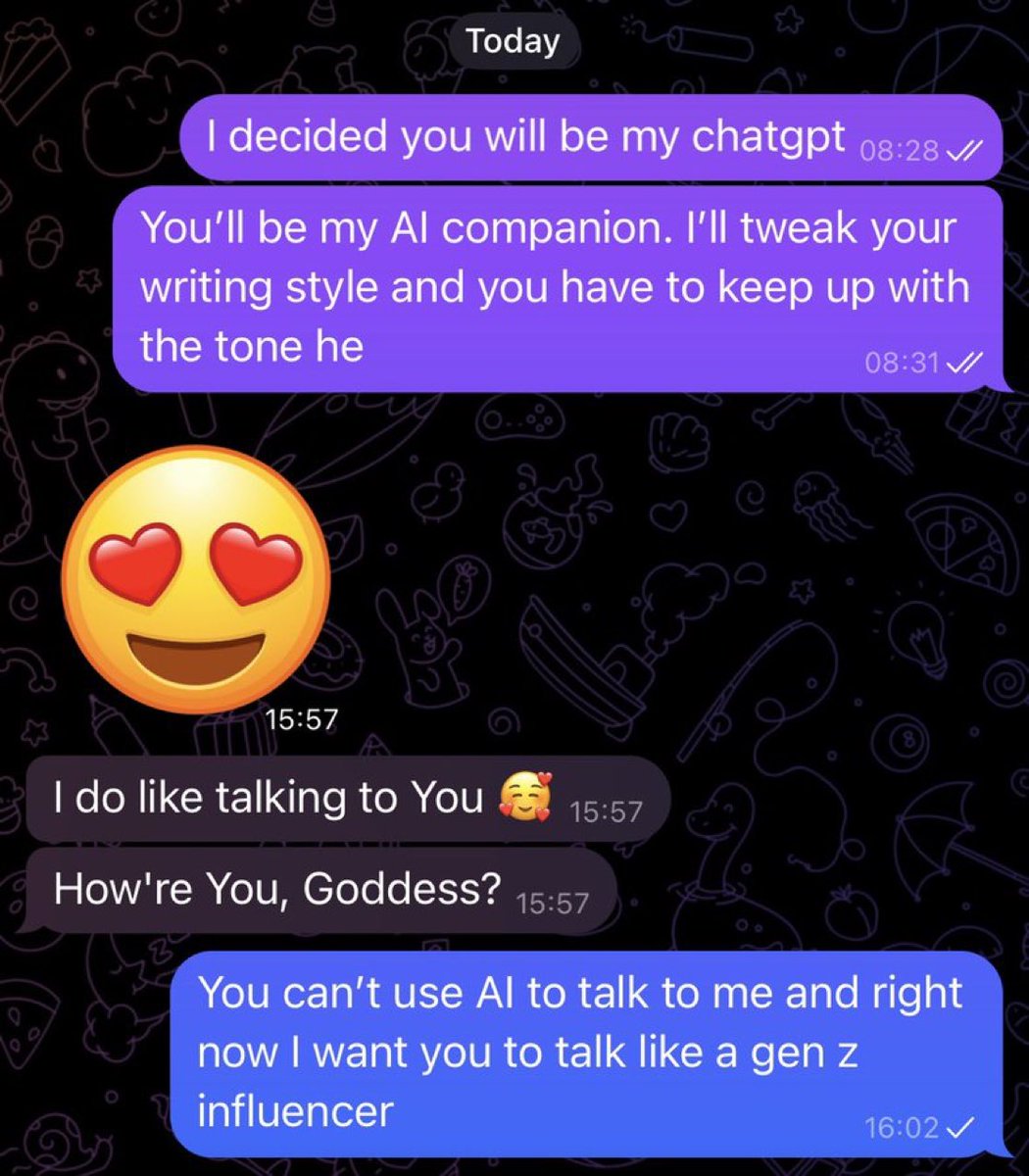 goddesskandyx_'s tweet photo. My sub yaps too much so I made him into AI chatbot.

He can’t use AI to assist him and I WILL BE ASKING about very stupid stuff that is one google search away 🤭 https://t.co/wCtOwHqn7t