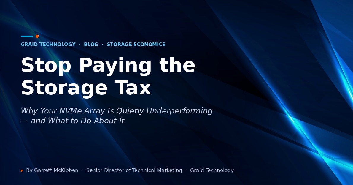 GraidTechnology's tweet photo. Hardware RAID caps your NVMe array at 12–18% of line rate. Software RAID burns 18–28% of your CPU. With enterprise NVMe up ~257% since Q2 2025, the storage tax has never been more expensive.
Here's how to stop paying it 👇
https://t.co/OcBXD9tZmo https://t.co/a9VhcN99bV