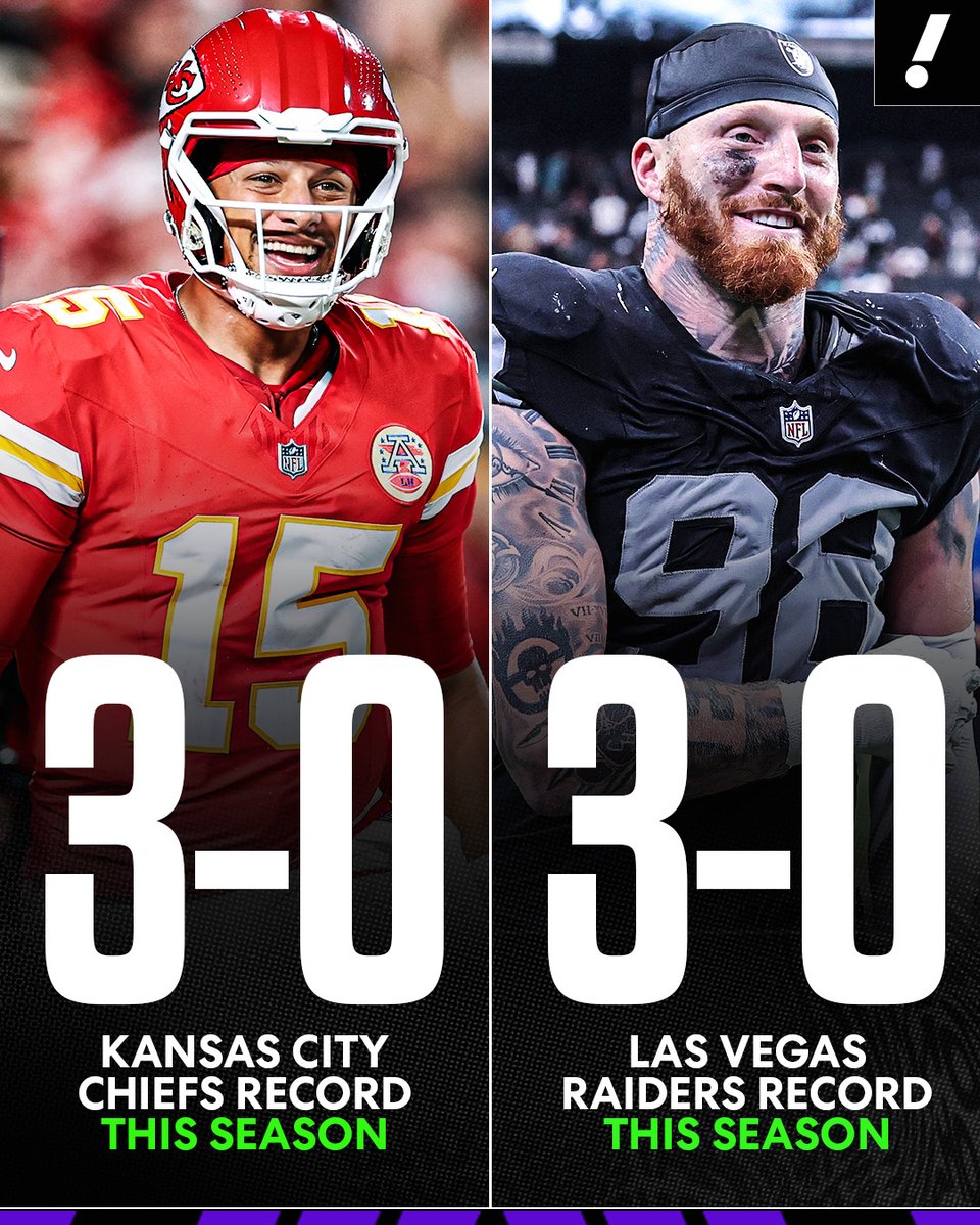 YahooSports's tweet photo. The Chiefs and Raiders are both 3-0 for the FIRST time since both teams made their debuts in 1960 🤯

(h/t @GetUpESPN) https://t.co/srgaKOKQr5