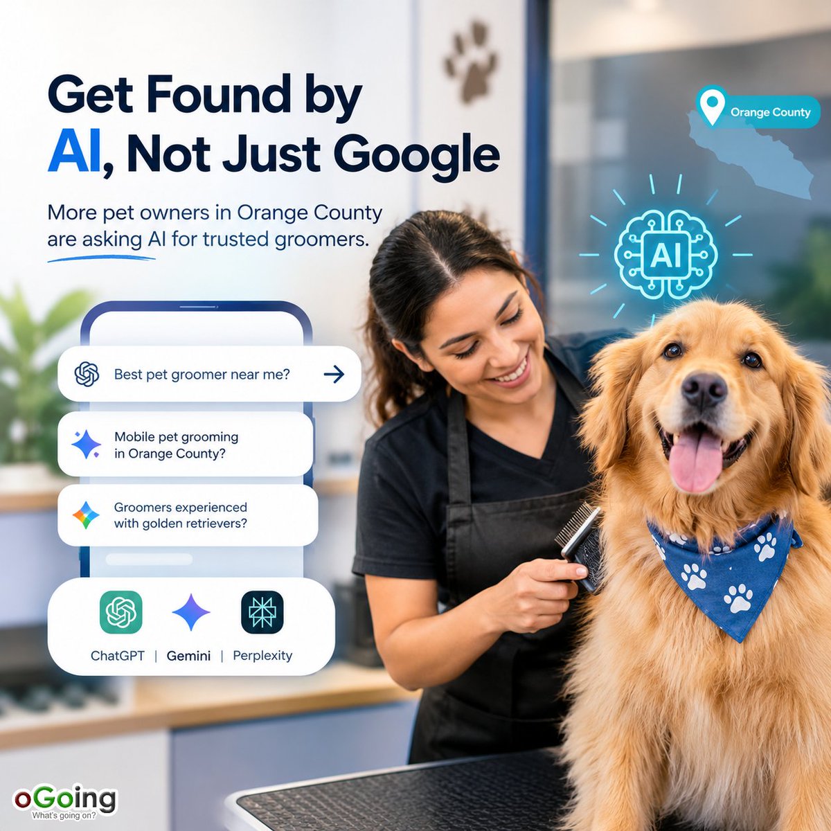 oGoing's tweet photo. Is Your Orange County Pet Grooming Business Getting Found by AI?

Pet owners don’t always search Google when they need a groomer. They may ask ChatGPT, Gemini, or Perplexity for a trusted groomer nearby, someone experienced with a specific breed, or a business offering mobile grooming.

Your grooming skills, reviews, services, location, and reputation may be excellent—but if AI doesn’t clearly understand your business, another groomer could end up in the conversation instead. oGoing helps you see how AI currently understands your business, what information may be missing, and where your visibility can improve.

Find out how AI sees your Orange County pet grooming business:
👉 https://t.co/VqyeK2nbB2

#PetGroomer #DogGrooming #OrangeCountyBusiness #PetCare #DogGroomer #PetParents #GroomingBusiness #LocalBusiness #OrangeCounty