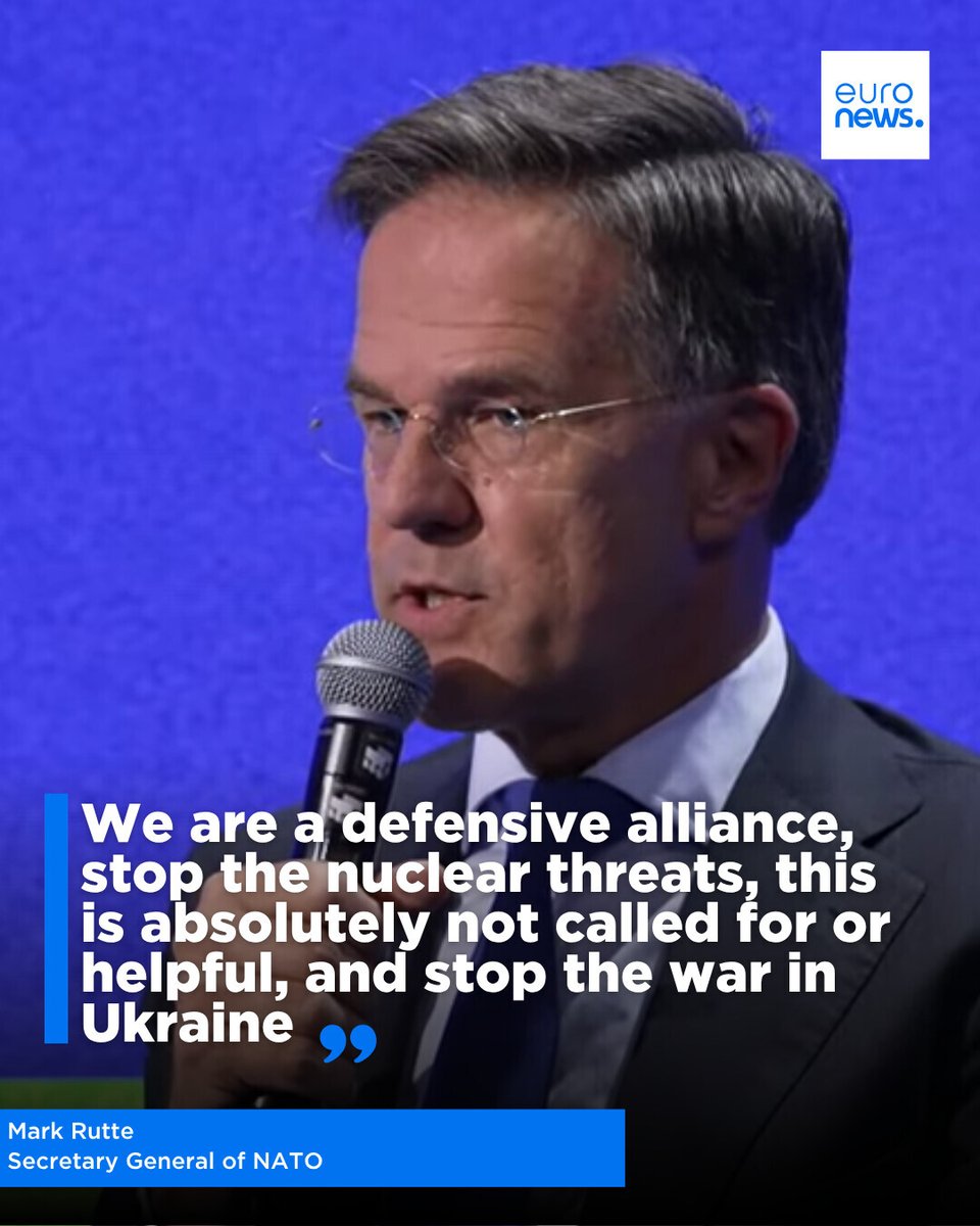 euronews's tweet photo. "We are a defensive alliance, stop the nuclear threats, this is absolutely not called for or helpful, and stop the war in Ukraine, an unprovoked aggression."

NATO Secretary General Mark Rutte reacts to reports of a threatening letter from Moscow on #TheEuropeConversation #Euro… https://t.co/kRIDatFbjv