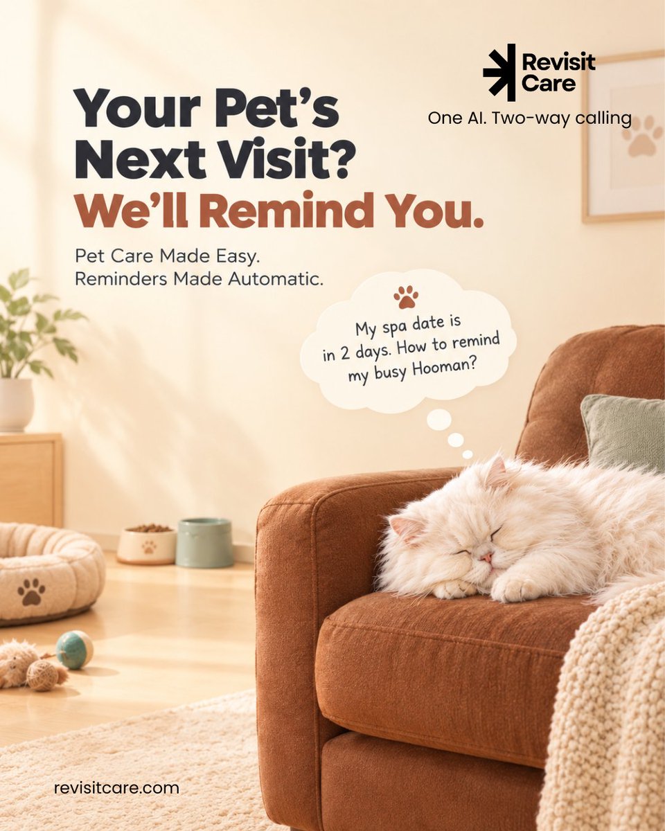 RevisitCare's tweet photo. Let Your Pet Relax.
We’ll Handle the Reminders to their Hoomans.
🕰️ Automated Reminder calls
📞 No missed Appointments
✅ Happy Pets
Book a free demo today.
https://t.co/xvSSwrMWVl
#PetGrooming #PetSalon #petclinic #AIVoiceAgent #AIReceptionist #PetTech #RevisitCare https://t.co/4KBrGQZu1M