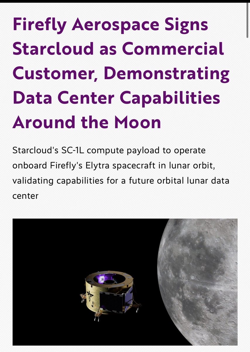 Matteo_Inv's tweet photo. I own AI infrastructure stocks and space stocks.

Didn’t expect those two theses to literally merge.

$FLY just signed Starcloud to put an AI compute payload aboard Elytra and send it into lunar orbit in 2029.

The goal is to test technology for something that sounds ridiculous at first:

Data centers around the Moon.

But the more I thought about it, the more sense it made.

If we actually end up with satellites, rovers, landers and eventually people constantly generating data around the Moon, sending every raw piece of information 384,000km back to Earth just to process it isn’t necessarily the best architecture.

Put compute closer to where the data is created.

Process it there.

Send back what actually matters.

Obviously we’re a LONG way from lunar data centers becoming a meaningful business. I’m not adding some huge number to my $FLY valuation because of this.

I just find it interesting that Elytra is starting to look like more than a spacecraft that moves payloads around.

Hosting compute, communications and other infrastructure in orbit could eventually become a business of its own.

AI infrastructure on Earth is already becoming a power + compute problem.

Apparently the Moon might eventually need its own version too lol.
