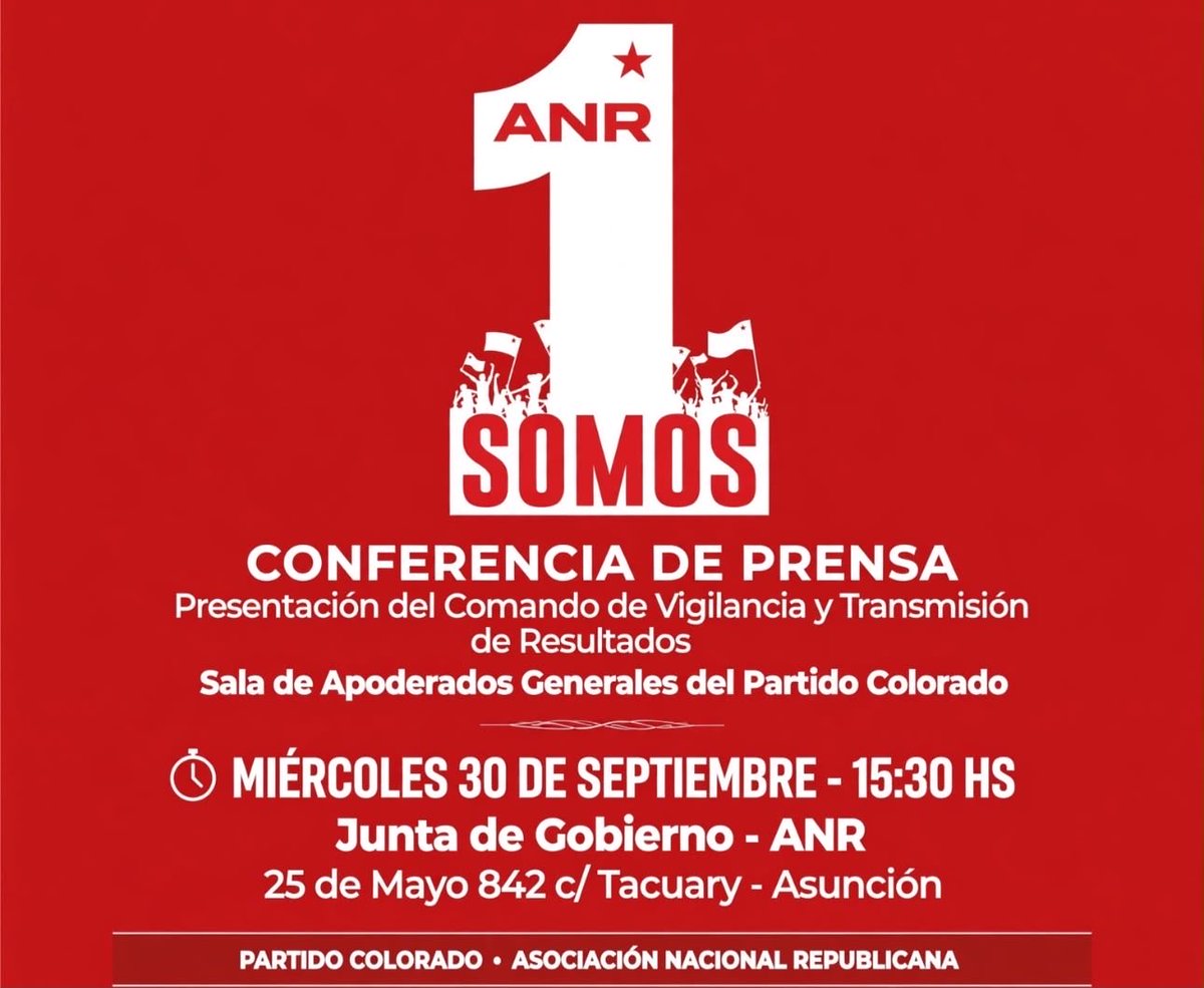 ANRParaguay's tweet photo. El Partido Colorado presentará hoy a las 15:30, el Comando de Vigilancia y Transmisión de Resultados. Será en una conferencia de prensa en la Junta de Gobierno. https://t.co/506usQWHlX