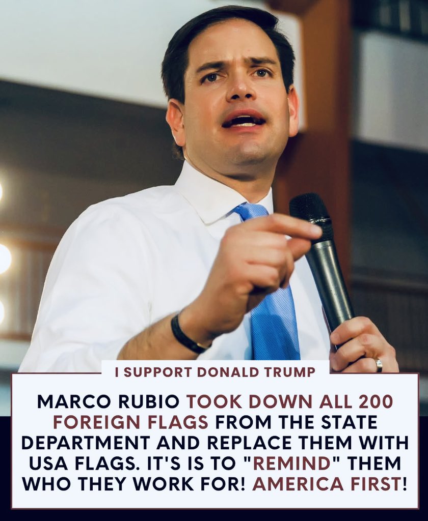 Luna_Jones79's tweet photo. Marco Rubio just replaced foreign flags at the State Department with American flags.
That is a simple reminder of who they actually work for.
Do you support putting America First like this? https://t.co/jybj3CrAaa