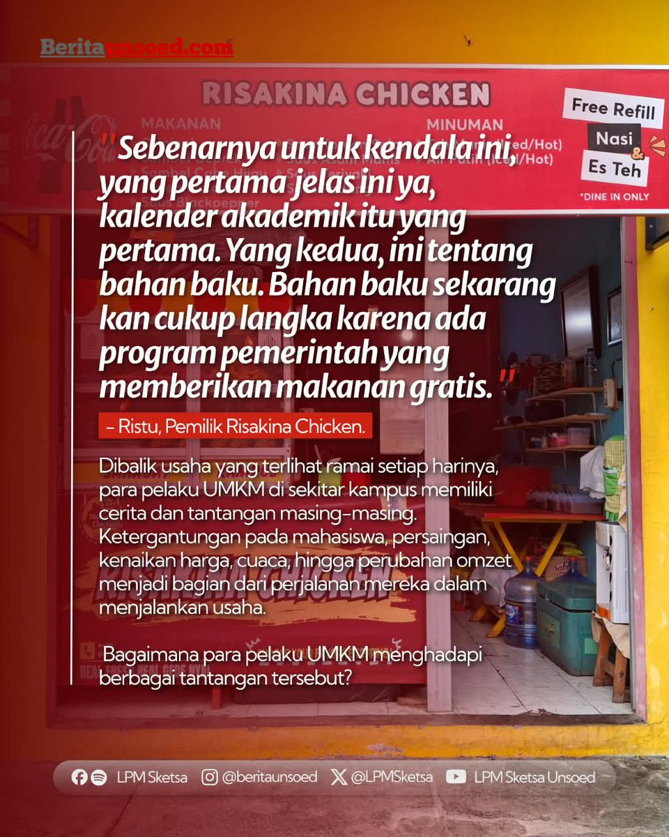 LPMSketsa's tweet photo. Selain untuk aktivitas perkuliahan, kawasan sekitar kampus juga menjadi tempat berbagai usaha kecil yang melayani kebutuhan. Namun, mempertahankan usaha tidak selalu mudah karena kebutuhan konsumen dapat berubah sewaktu-waktu.

Baca selengkapnya di https://t.co/yTXa6xHuqk https://t.co/xnwVRNarQr