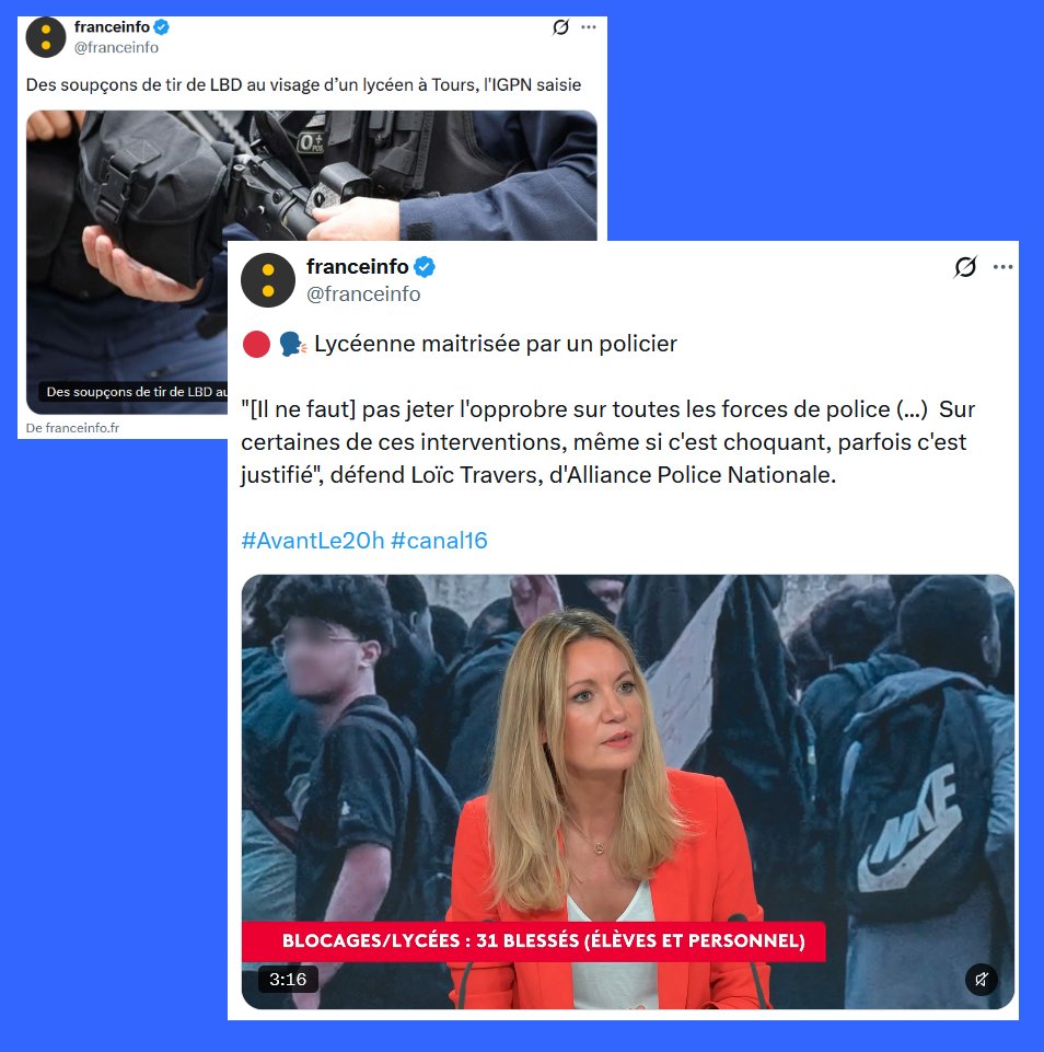 ContreAttaque_'s tweet photo. Admirez ignominie de France Info, qui justifie les actes de torture sur des mineurs :

-Un lycéen éborgné ce matin se transforme en "soupçon de tir de LBD"

-Une vidéo qui montre une lycéenne étranglée pendant plus d'une minute et embarquée se transforme en "lycéenne maitrisée" https://t.co/YIKF9BoNQq