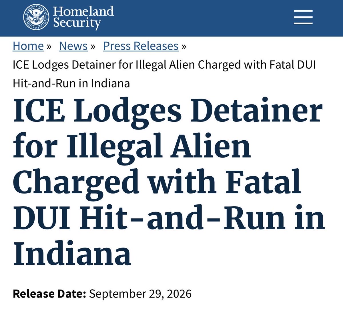 GuntherEagleman's tweet photo. THEY CAUGHT HIM. THEY RELEASED HIM. NOW SHE'S DEAD.

Edwin Alexander Sosa-Gonzalez, a Honduran illegal alien, was drunk behind the wheel in Indianapolis on September 26. He slammed into another car at high speed, tore through a gas station parking lot, and killed 33-year-old Tamara Renee Thomas. Then he ran.

None of this should surprise anyone. He crossed illegally through Texas in July 2021. Border Patrol arrested him, and the Biden administration turned him loose anyway.

In February 2024 he was arrested in Indianapolis for drunk driving with no license after smashing into three parked cars. ICE picked him up. Biden's people let him bond out one day later.

An immigration judge ordered him deported on June 5, 2026. Less than four months later he was still here, drunk, and behind the wheel.

ICE has lodged a detainer asking Indiana not to let him walk. That should have happened years ago.

Open borders is not a slogan. It's a 33-year-old woman who never made it home.