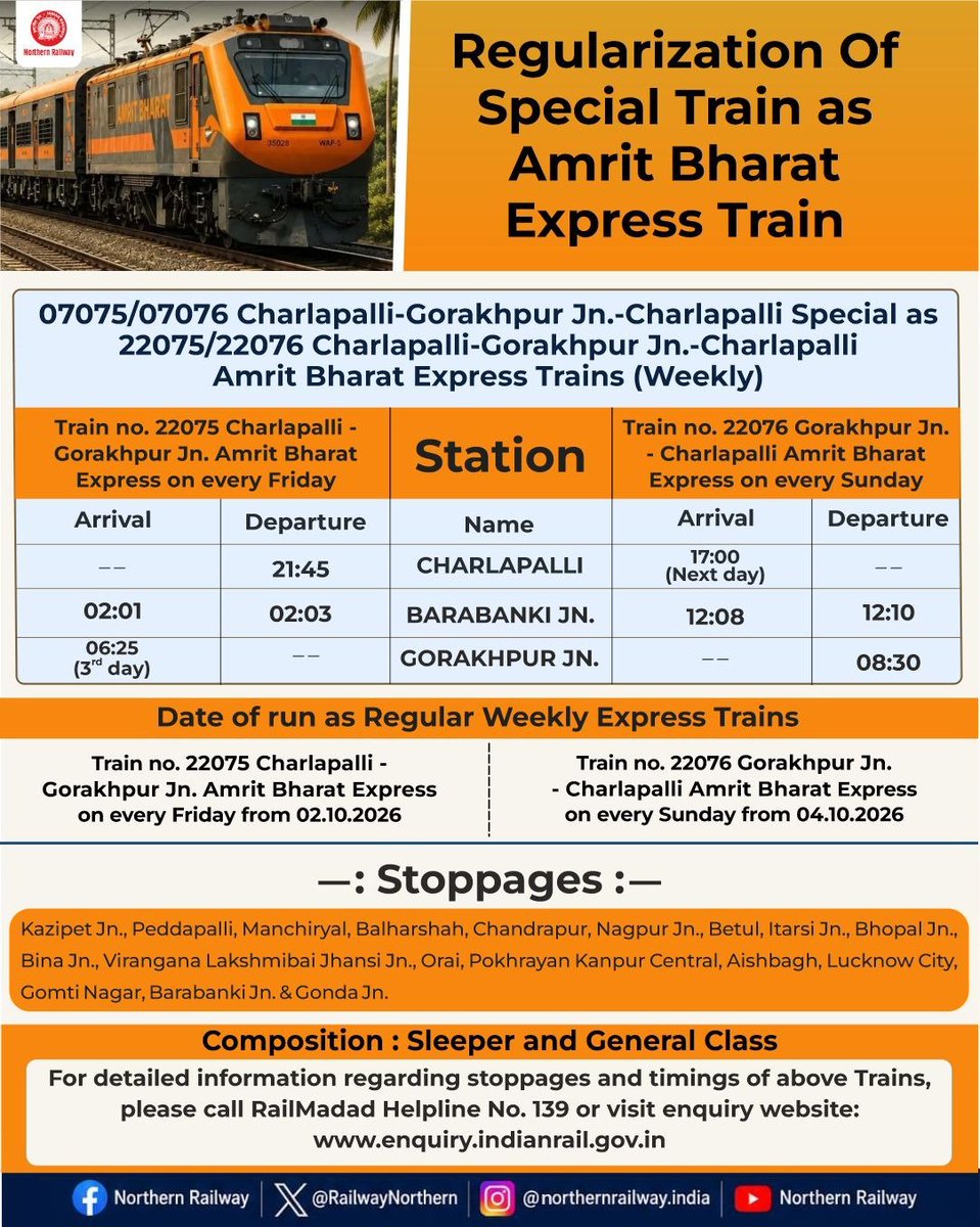RailwayNorthern's tweet photo. For passengers' convenience, the Railways has decided to regularise the following special trains as Amrit Bharat Express trains (to run weekly). The detailed schedule is as follows: https://t.co/ASZPEZC9qh