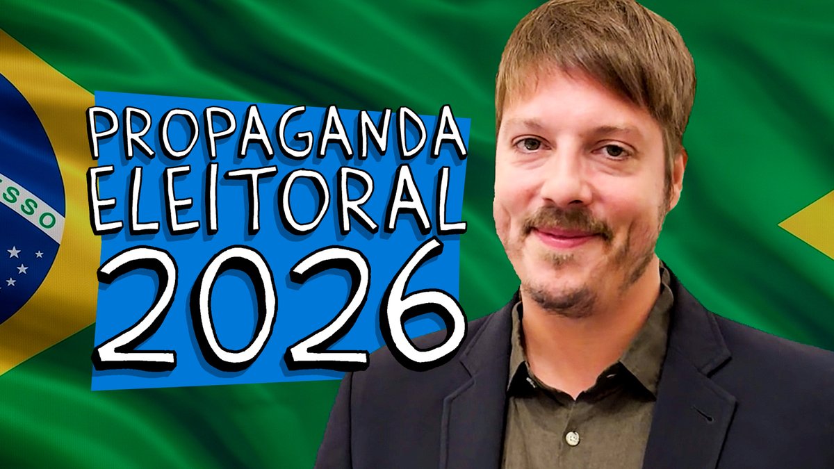 The image is a YouTube thumbnail featuring a man with a mustache in a dark blazer smiling next to a large text box reading "PROPAGANDA ELEITORAL 2026," with the Brazilian flag waving in the background. The post's sarcastic "gangbang of lies" comment humorously critiques the theme of the video, framing electoral propaganda as a collective assault of falsehoods.