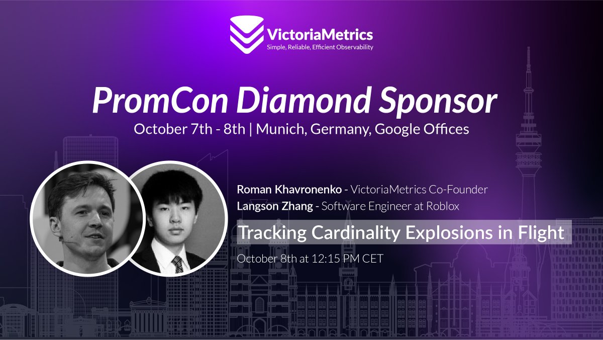 VictoriaMetrics's tweet photo. Hallo, München! 🇩🇪

We're only 1 week away from @PromConIO 2026, the biggest conference for #Prometheus fans!

📍 Google Offices, Munich, Germany
🗓️ October 7–8

We’re looking forward to connecting with the community, showcasing our latest innovations, and discussing everything from #metrics, #logs, and #traces to the latest in #OpenSource #observability.

And don’t miss this talk:

🎤 Tracking Cardinality Explosions In Flight
Presented by our Co-founder, @hagen1778, and Langson Zhang, Software Engineer at Roblox.
🗓️ October 8 at 12:15 PM CET

https://t.co/gwsQLwmxkH

This talk is about estimating cardinality in flight, while the metrics are still streaming in. The estimator runs as a separate pipeline alongside the storage, not inside it. A small estimator maintains a HyperLogLog sketch for each label dimension and publishes the results as standard metrics in the Prometheus exposition format. It receives data over remote-write and is scraped like any other target. There are no queries against storage, no new query language to learn, and nothing tied to a specific vendor, so any Prometheus-compatible setup can use it.

📌 Save your seat and come say hi in Munich. See you at #PromCon! 🎉

https://t.co/QdY3LCUvsQ

#VictoriaMetrics #MonitoringSolutions #TechEvents #Prometheus