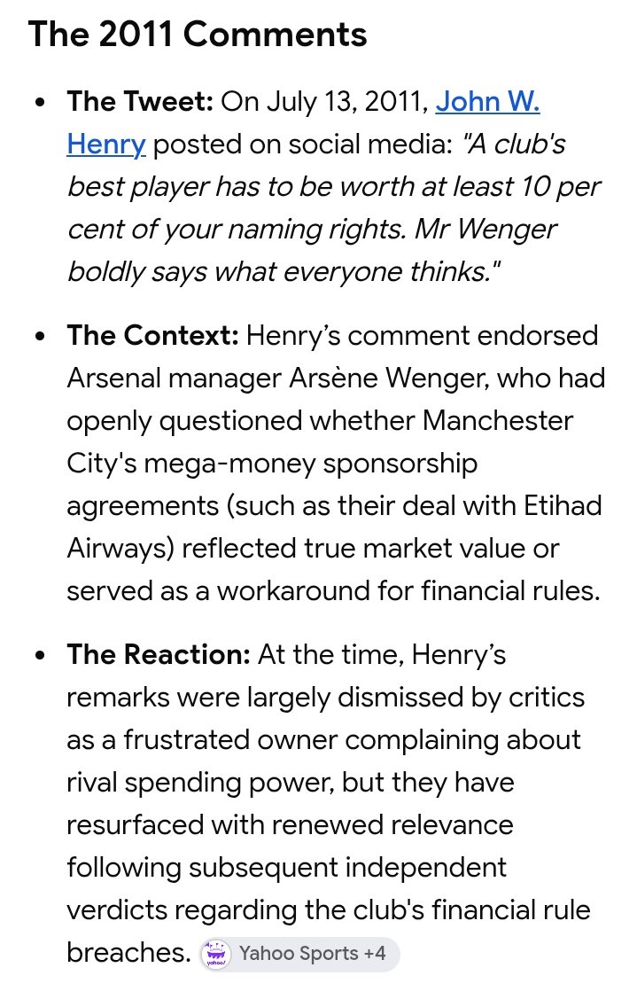 DailyFootyTakes's tweet photo. Back in 2011, Man City signed a record £400m Etihad deal.

🔹 Arsene Wenger sounded the alarm on FFP.
🔹 Liverpool owner John W. Henry publicly backed him.
🔹 City dismissed them both.

Today, City were found guilty of all 115 Premier League charges.
They warned us 15 years ago. https://t.co/ya4jpwLa3O