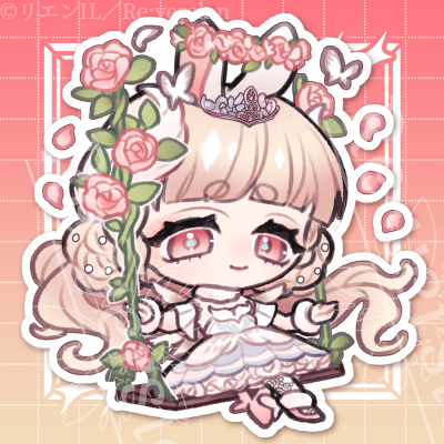 An anime-style chibi illustration depicts a pale girl with large pink eyes, a tiara, and a white dress, surrounded by pink roses and falling petals.