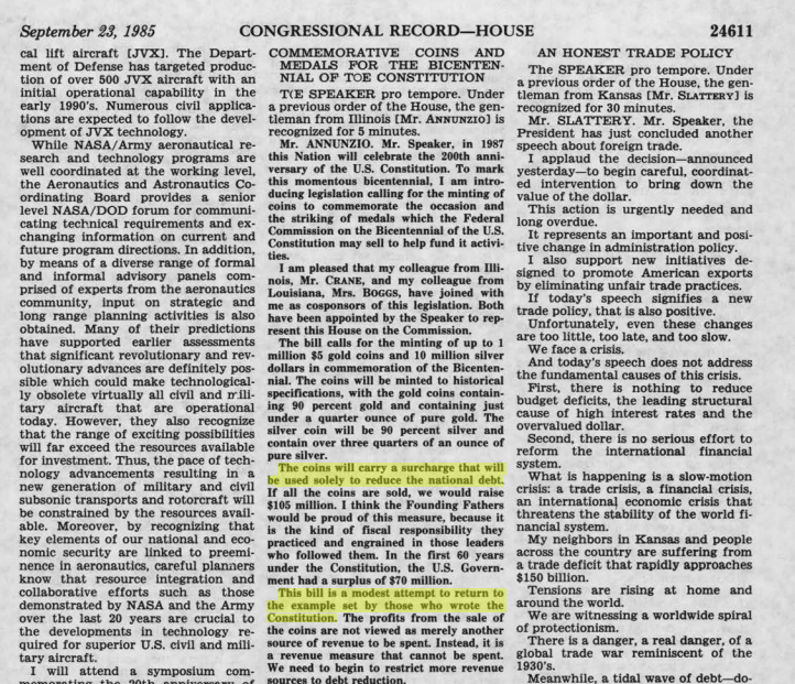 ThSilvermarines's tweet photo. "The coins will carry a surcharge that will be used solely to reduce the national debt.”

“This bill is a modest attempt to return to the example set by those who wrote the Constitution.”

“The profits from the sale of the coins are not viewed as merely another source of revenue to be spent.”