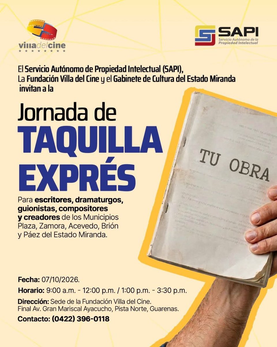 villadelcine's tweet photo. Protege tu obra de forma rápida y sencilla. ✍🏻 

El SAPI, la Fundación Villa del Cine y el Gabinete de Cultura del Estado Miranda llegan con la Jornada de Taquilla Exprés.

#SAPI #villadelcine #derechodeautor #propiedadintelectual #venezuela https://t.co/KJdCqqKEBg