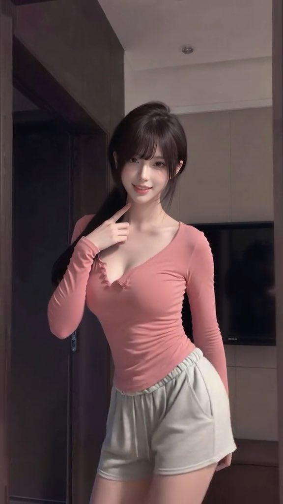 A young woman in a pink long-sleeved top and beige shorts posing indoors.