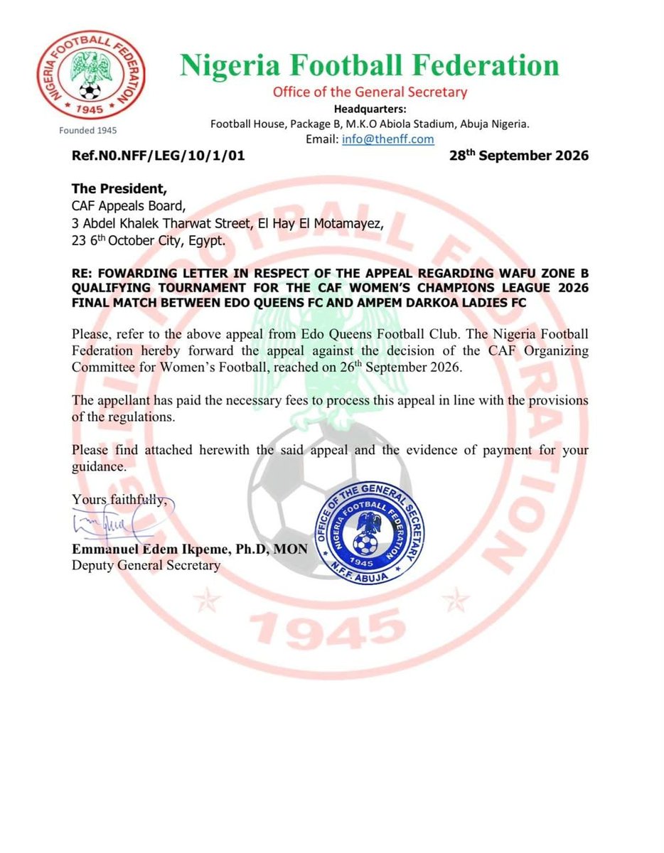 EdoQueensFC's tweet photo. A significant step in our fight for JUSTICE 

The NFF has officially appealed the CAF Organizing Committee's decision to the CAF Appeals Board on the WAFU Zone B Women’s Champions League 2026 final between Edo Queens and Ampem Darkoa Ladies FC. We seek fairness and justice.👑❤️💚 https://t.co/AMPCqorQDu