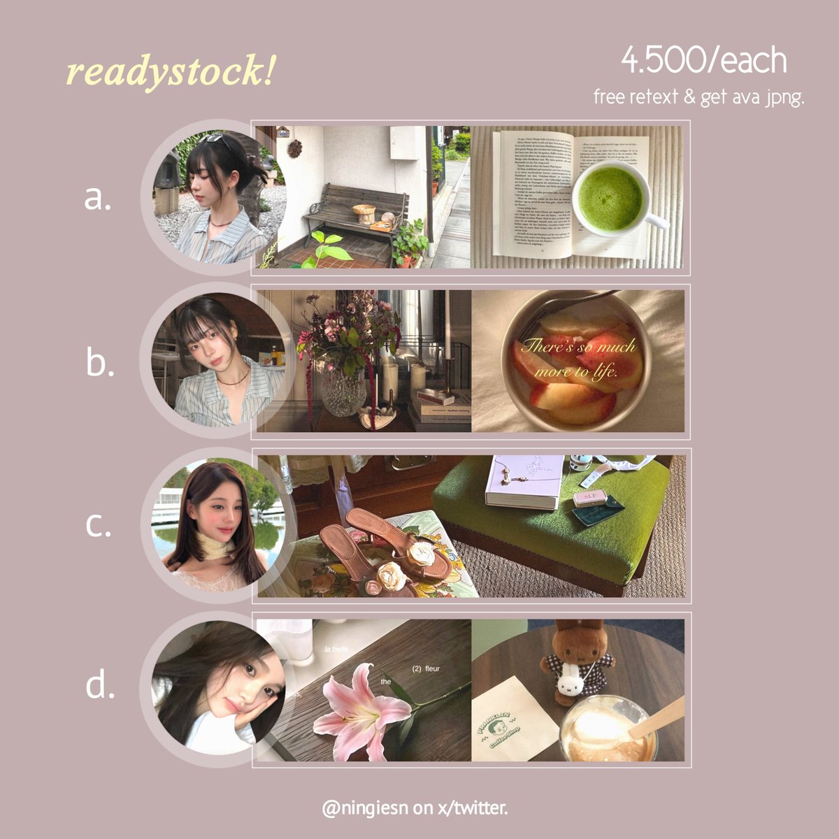 ningiesn's tweet photo. haalo help repost yaa, terima kasih 🤍

aku punya layout readystock karina, wonyoung &amp; yuha! pricenya 4.500/each yah, bisa di take sekarang melalui dm 😆⭐
#bealanja https://t.co/pLUHdvwFNB