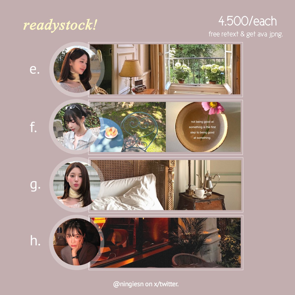 ningiesn's tweet photo. haalo help repost yaa, terima kasih 🤍

aku punya layout readystock karina, wonyoung &amp; yuha! pricenya 4.500/each yah, bisa di take sekarang melalui dm 😆⭐
#bealanja https://t.co/pLUHdvwFNB