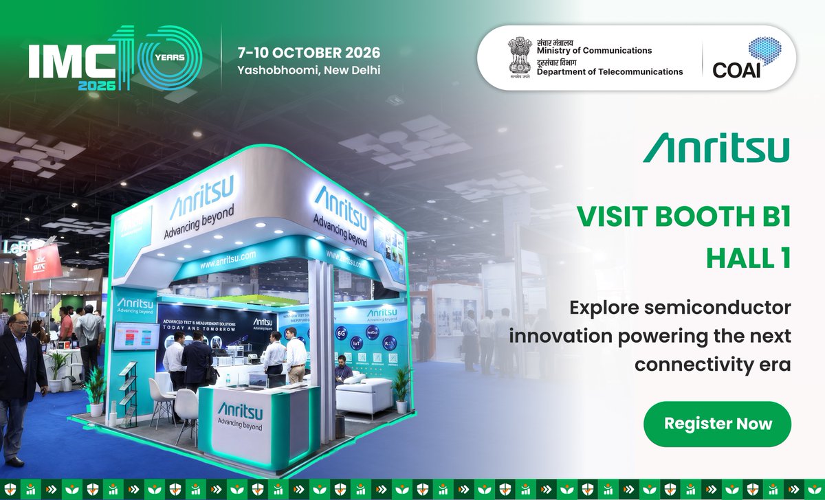 exploreIMC's tweet photo. Testing what’s next in connectivity. 🌐

We are proud to welcome @Anritsu as the 5G/6G Testing Partner at India Mobile Congress 2026. 

Explore advanced test and measurement technologies shaping the future of 5G and 6G.

Discover Anritsu at Booth B1, Hall 1 and see how precision testing is enabling next-generation networks.

📅 7–10 October 2026
📍 Yashobhoomi, New Delhi

#IMC2026 #IMCBeyond10 #IndiaMobileCongress #ScaleWithoutBoundaries #AnritsuAtIMC

@ConnectCOAI @DoT_India