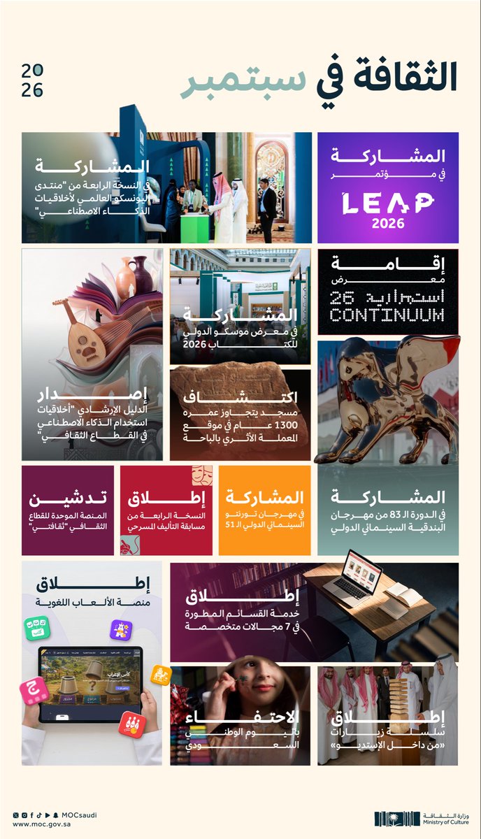 MOCSaudi's tweet photo. الثقافة في سبتمبر؛ حضورٌ ممكِّن للإبداع وداعم للابتكار. 

#وزارة_الثقافة