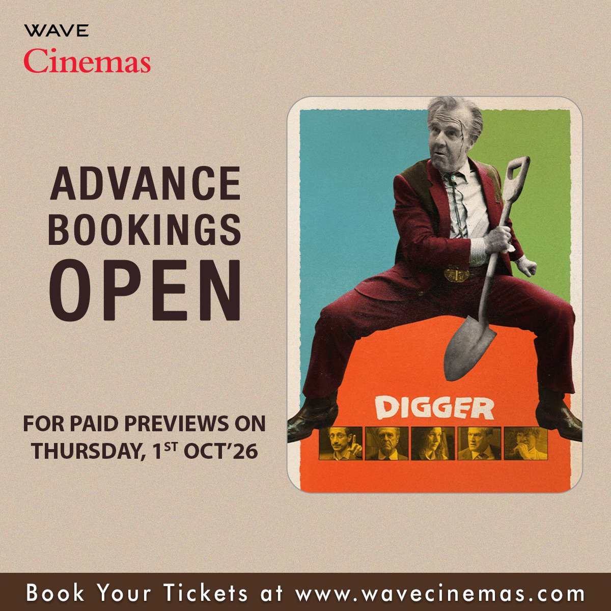 Wave_Cinemas's tweet photo. A man who calls himself the world's savior, and a catastrophe he can't outrun — Tom Cruise leads a comedy of catastrophic proportions.

Watch #Digger releasing at #wavecinemas on 2nd October 2026

(  Paid Previews available at selected locations on 1 October 2026 )

Book your tickets at www https://t.co/NkeTiU68ZL

#Digger #TomCruise #RizAhmed #JohnGoodman #SandraHuller