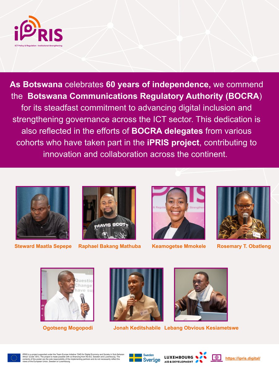 iPRIS_digital's tweet photo. Happy Independence Day, Botswana! 

As Botswana celebrates 60 years of independence, we recognise its continued partnership in advancing a connected and digitally inclusive Africa. We also celebrate BOCRA’s contribution to iPRIS and Africa’s digital future.
 #DigitalInclusivity https://t.co/VJdFtjCTBx