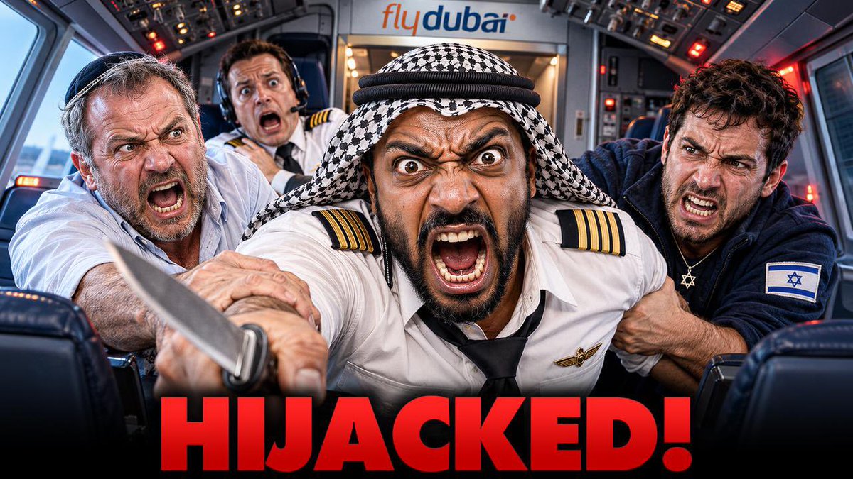 The image shows a chaotic airplane cockpit scene from "Flydubai" with four men in various states of panic and aggression, including a pilot wearing a keffiyeh, a man holding a knife, and another wearing an Israeli flag patch, with the bold red text "HIJACKED!" displayed at the bottom. The dramatic imagery visually reinforces the post's account of a Flydubai flight to Tel Aviv being thrown into chaos during a hijacking incident.
