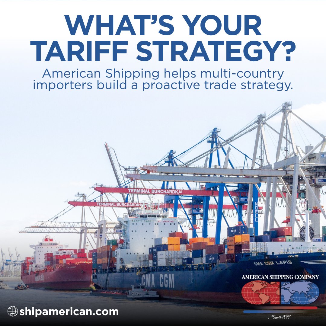 AmericanShipNJ's tweet photo. What's your tariff strategy? Review your trade approach for imports! 

Are your HTS classifications up to date? Know your true landed costs? 

Shape your next shipment! 

#TariffStrategy #TradeCompliance #ImportStrategy #GlobalSourcing #SupplyChain #AmericanShipping https://t.co/ltAjqyxRE9