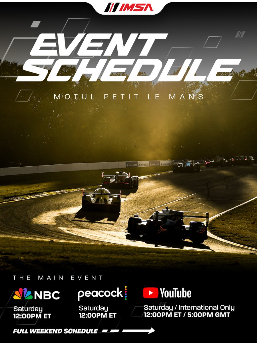 IMSA's tweet photo. Event Schedule for Motul Petit Le Mans at Michelin Raceway Road Atlanta!

🟢: Saturday, October 3rd | 12:00PM ET
📺: NBC, Peacock
🌍: IMSA YouTube Live, IMSA .tv
📻: IMSA Radio https://t.co/xmNPFbG1ZA
