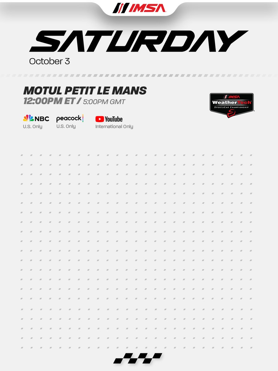 IMSA's tweet photo. Event Schedule for Motul Petit Le Mans at Michelin Raceway Road Atlanta!

🟢: Saturday, October 3rd | 12:00PM ET
📺: NBC, Peacock
🌍: IMSA YouTube Live, IMSA .tv
📻: IMSA Radio https://t.co/xmNPFbG1ZA