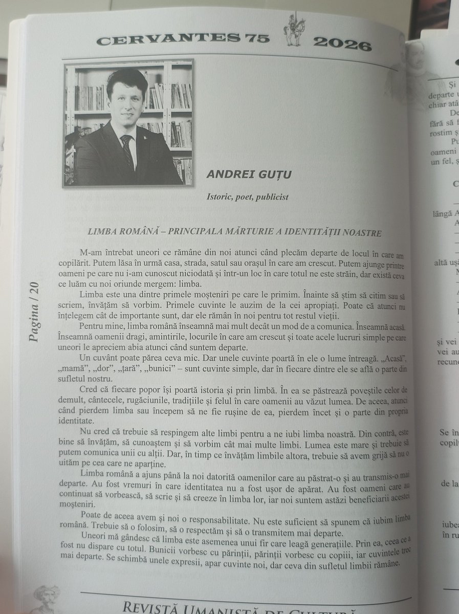 prof_andreigutu's tweet photo. O bucurie să îmi regăsesc textele dedicate Limbii Române în paginile revistei „Cervantes”, nr. 75 din 2026.
Mulțumesc frumos domnului George Terziu și doamnei Giurgiu Maria pentru încredere și pentru frumoasa colaborare! https://t.co/lxzEnLck59