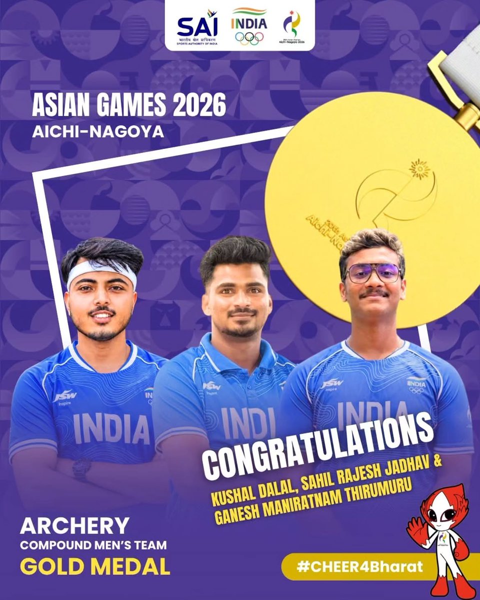 Sawkaresanjay11's tweet photo. 🇮🇳🥇 एशियन गेम्स 2026 मध्ये भारतीय खेळाडूंची शानदार कामगिरी! तिरंदाजीतील तीन सुवर्णपदकांसह नेमबाजीतही सुवर्णवेध. सर्व विजेत्या खेळाडूंचे मनःपूर्वक अभिनंदन! 👏💐

#AsianGames2026 #TeamIndia #GoldMedal #Archery #SanjaySawkare https://t.co/abHy0lLg7S