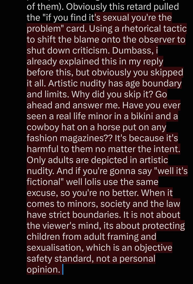 Previous_Snow17's tweet photo. @thatjojoguy123 @BrappusI @Sink1ngShip The fact that youre defending this "artistic nudity" of lucy steel and her wearing a cowboy hat and bikini on horse (which is literally in a story where she literally encounters three pedophiles, and gets assaulted by two of them). Obviously this retard pulled the "if you find https://t.co/SS11NuHE3H