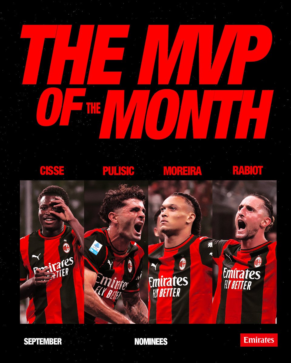 acmilan's tweet photo. September was full of big performances ⚡️
Make your choice and vote for your MVP of the month!

Brought by @emirates 

Vote now👉https://t.co/CXlfZNiYlE https://t.co/j4ww08XYkW