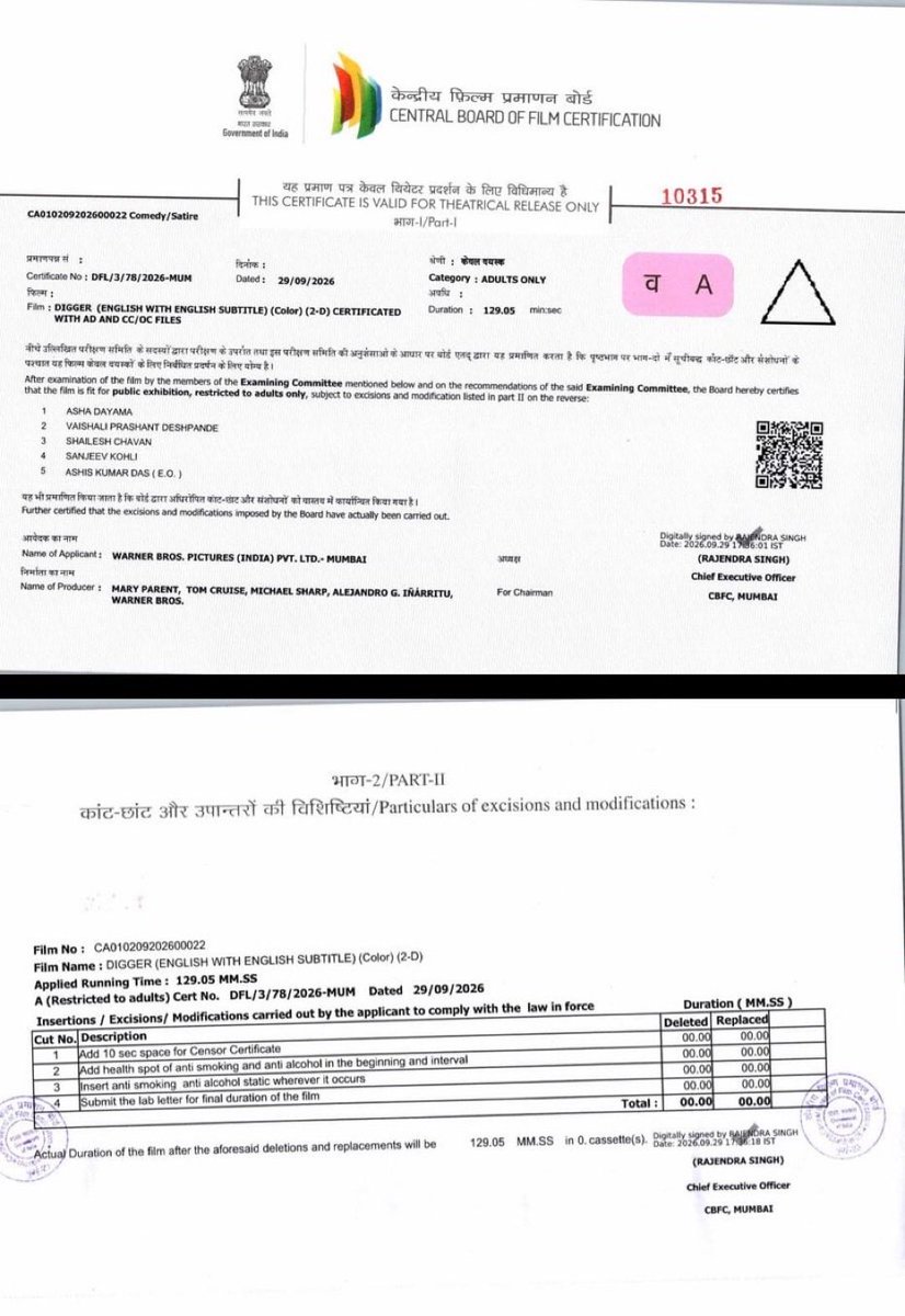_mrchaturvedi's tweet photo. #Digger & #Verity Censor certificates
23 seconds of intimate scenes deleted from
verity while there is no cut in Digger.
#CBFCWatchWithParth
With due thanks to @MumbaiSubtitles for #Digger and @Gaurav_5599 bhai for #Verity. https://t.co/jmg0t8KIno
