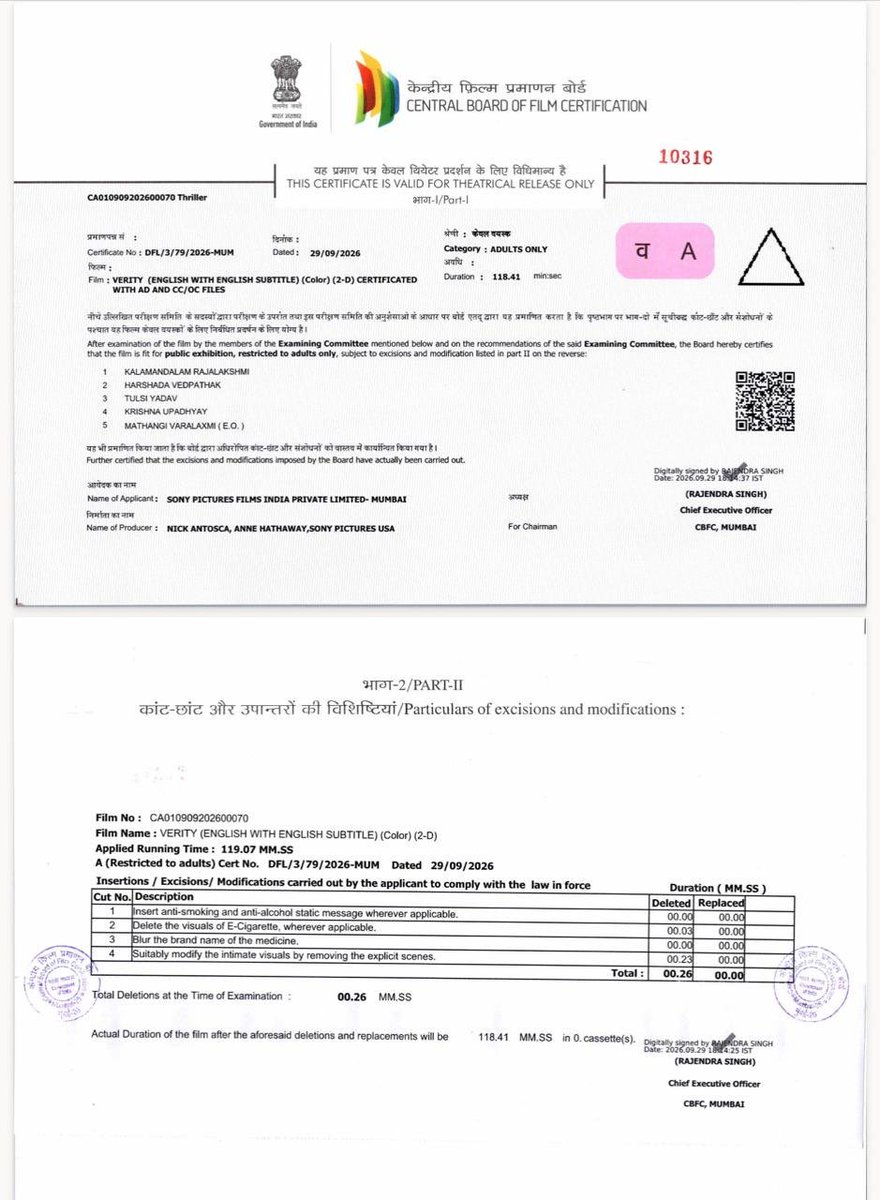 _mrchaturvedi's tweet photo. #Digger & #Verity Censor certificates
23 seconds of intimate scenes deleted from
verity while there is no cut in Digger.
#CBFCWatchWithParth
With due thanks to @MumbaiSubtitles for #Digger and @Gaurav_5599 bhai for #Verity. https://t.co/jmg0t8KIno