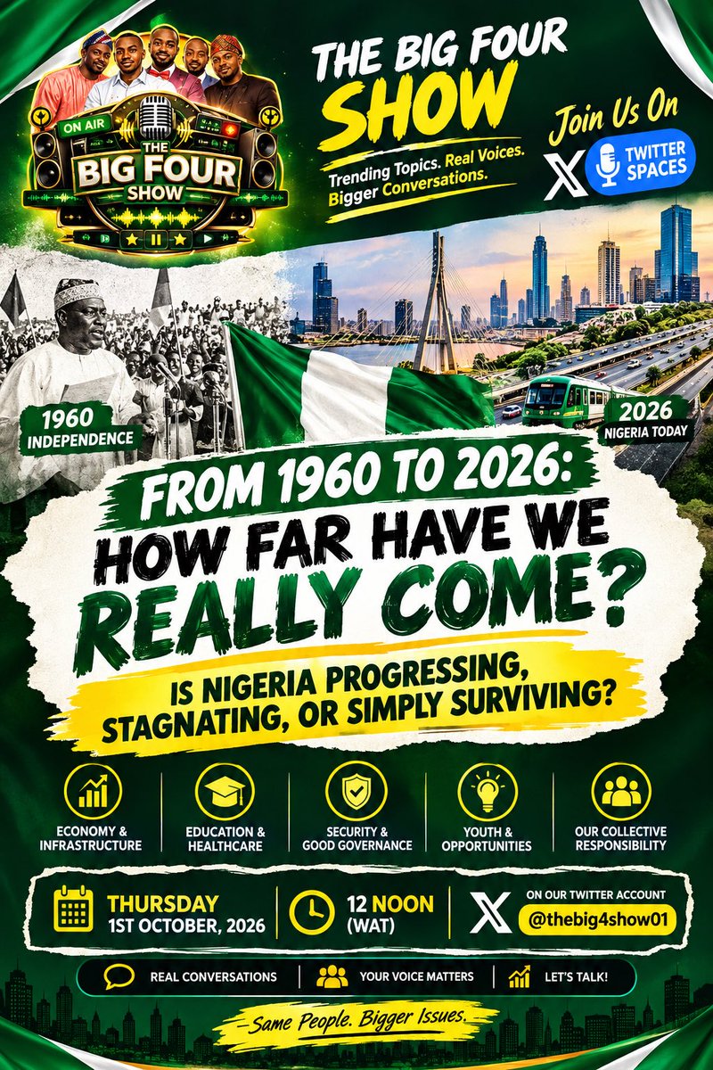 thebig4Show01's tweet photo. https://t.co/K5P7iyw6Rb

Come let’s converse tomorrow, what have we achieved for 66 years? https://t.co/6YnvdqCLeW