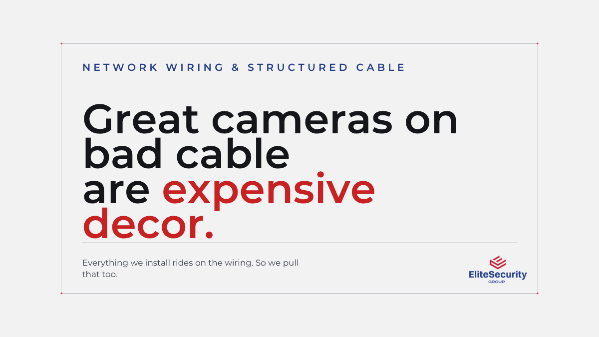 Elite_secgroup's tweet photo. A 4K camera on a bad cable run is just very expensive decor. We do the wiring and structured cable too, so the system works as well as it looks. #StructuredCabling https://t.co/LYjULYUJWo