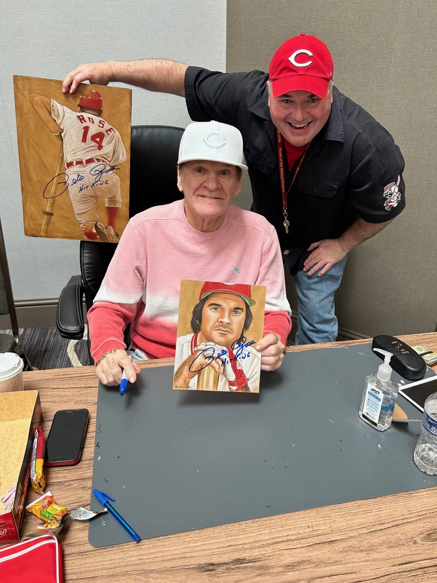 NaughtonArt's tweet photo. Cincinnati Reds legend, Peter Edward Rose passed away on this date in 2024. Here are a few photos of my original art &amp; meetings with him through the years. https://t.co/pelX35QpId