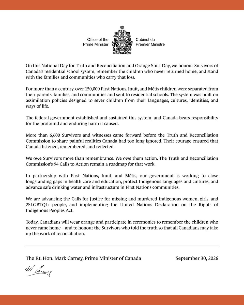 MarkJCarney's tweet photo. My statement on the National Day for Truth and Reconciliation: https://t.co/I0QUUHCqek