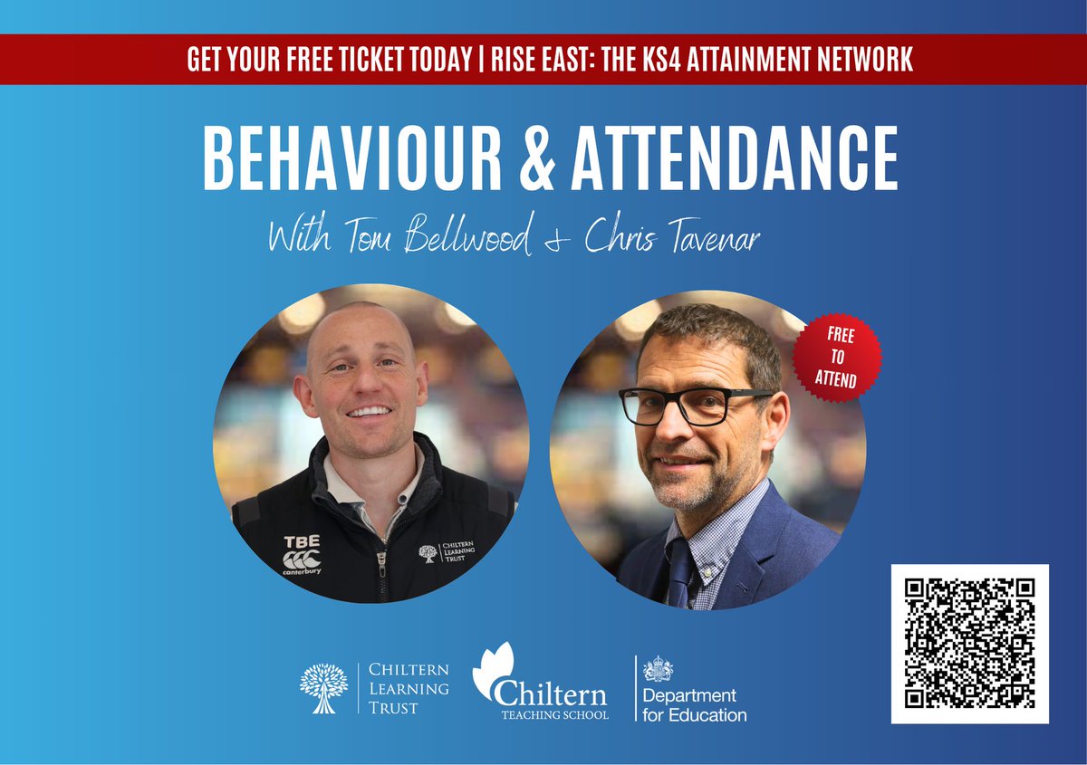 ChilternTSH's tweet photo. After a very successful first session, we are excited to share 3 more webinars as part of our Behaviour & Attendance focus, the 1st of 4 short courses in the RISE East KS4 Attainment Network! 🎓

🔗 Book your free spot now: https://t.co/6Zjf5HVm4A

📅 Upcoming Dates: • Wednesday, 7th October • Wednesday, 14th October • Wednesday, 4th November

Free, tailored CPD designed for you, your school, and your entire team.

Keep your eyes peeled for the other 3 courses coming soon... 👀 

This project is funded by the Department for Education’s Regional Improvement for Standards and Excellence (RISE) programme, connecting schools to the experts already making a difference in classrooms. For more information on RISE, please visit Regional improvement for standards and excellence (RISE) - https://t.co/Din4QQ5lZX. 

@chilternlt