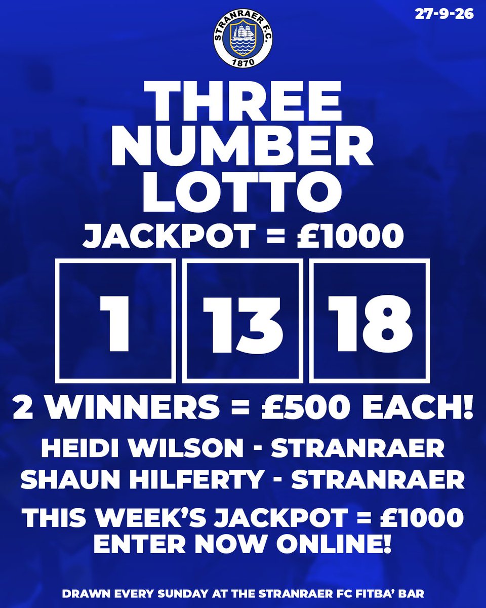StranraerFC's tweet photo. Support the Blues and be in with a chance of winning a cash prize every week! 💙

Join the Stranraer FC 3 Number Lotto for your chance to win this week’s £1,000 jackpot 💰

🎰 https://t.co/fmqCgMWBLx

📍 The draw takes place every Sunday evening in the Stranraer FC Fitba’ Bar. https://t.co/8HLhXH2k7J