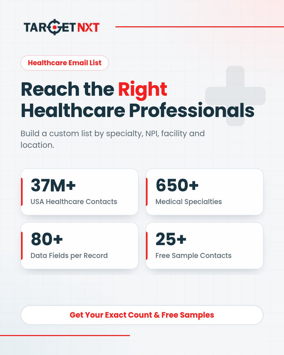 TargetNXT's tweet photo. Reaching healthcare decision-makers requires precise targeting. TargetNXT’s Healthcare Email List helps you build a targeted audience for medical devices, healthcare software, and clinical services. 

Read more: https://t.co/UVxoYLpqA7

#HealthcareMarketing #B2BMarketing https://t.co/HfK4dzTwpn